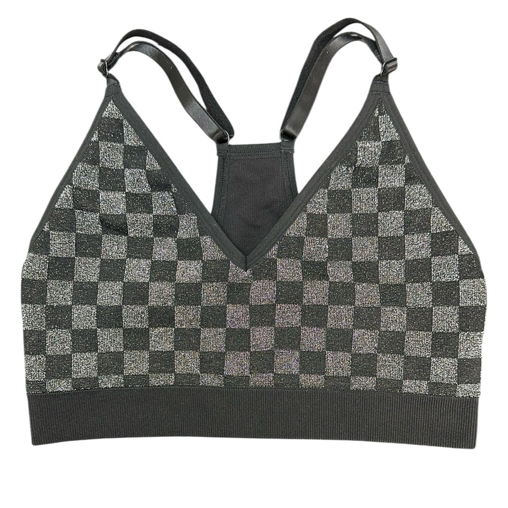 Pink Active‎ Checkered Black/Silver Seamless Sports Bra L Racerback Adjustable